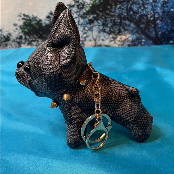Adorable Black French Bulldog Bag Charm Keychain Bag Charm black/gray plaid NEW - Picture 3 of 3